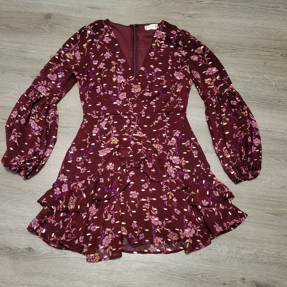 Altar'd State Lissa Burgundy Gold Metallic Floral Ruffle Mini Dress Boho Small
